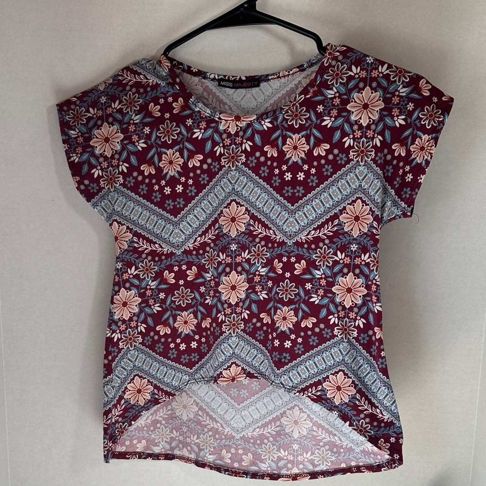 Miss majesty burgundy floral print short sleeve shirt